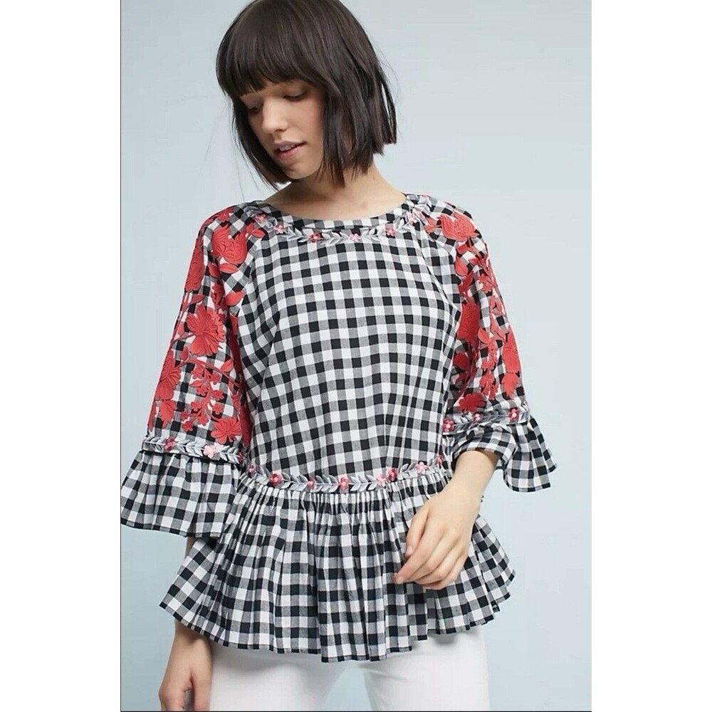 Pankaj Nidhi Anthropologie Boho Gingham Floral Top Peplum Size Small Embroidered